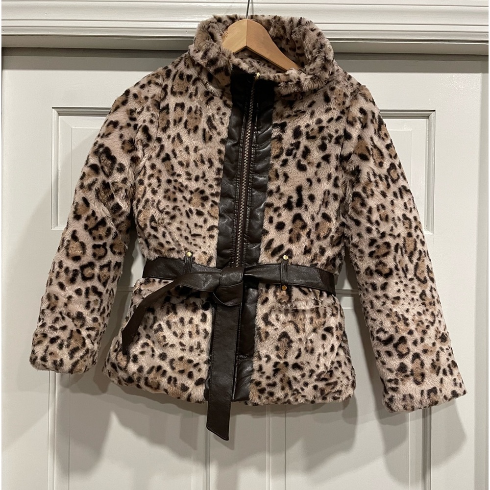 BCX Girls Faux Fur Leopard Jacket with Belt